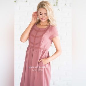 FINAL SALE NeeSee’s / Mikarose - The Kate - Dusty Rose Lace Trim Modest Dress